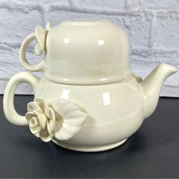 Stacked Ceramic Pottery Teapot Cup Set Paper Windows USA Floral Rose Cream VTG - Picture 1 of 16